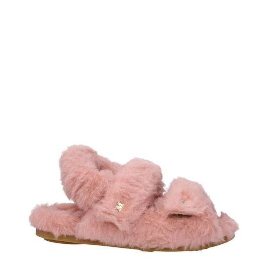 Max Mara Pink Fur Sandals with eco fur and strap closure, featuring a side logo and rubber sole, casual style, open toe and blush color.