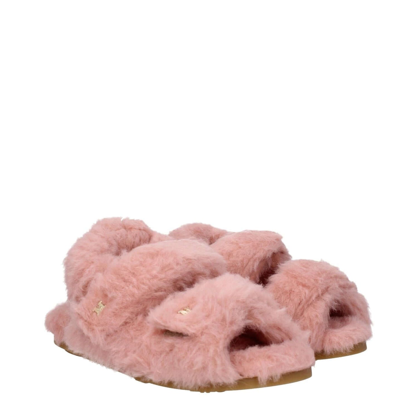 Max Mara Pink Fur Sandals, eco-friendly open-toe design with side logo, strap closure, and rubber sole for casual wear.