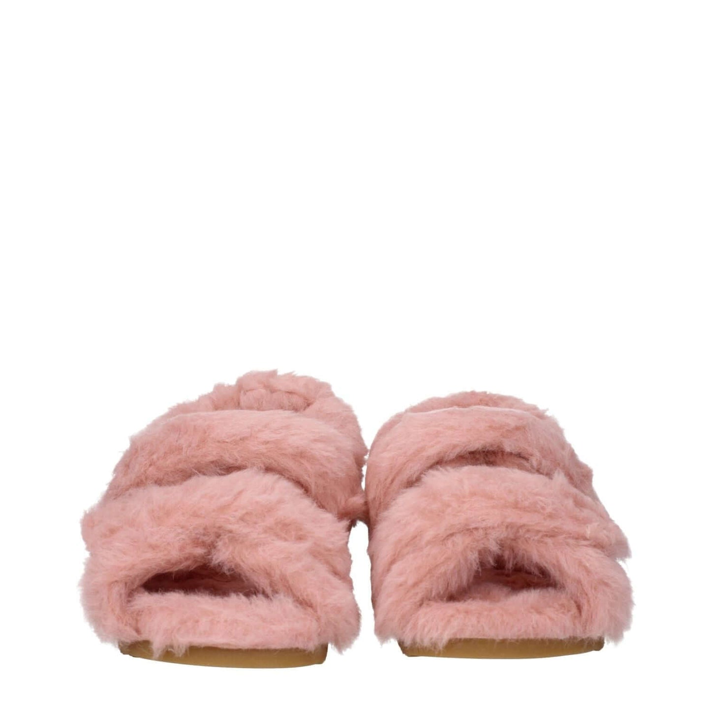 Max Mara Pink Fur Sandals with strap closure, open toe, and low flat heel, made from eco fur and rubber sole, side logo in blush pink.