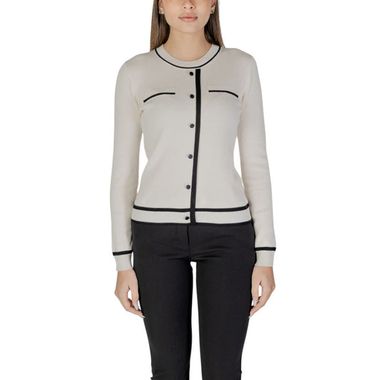 Morgan De Toi Cream Viscose Cardigan with front button closure and contrasting trim, elegant women’s knitwear for chic occasions.