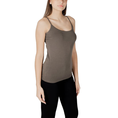 Morgan De Toi Green Cotton Tank Tops with thin straps and rounded neckline, shown on model, ideal for versatile styling and layering.