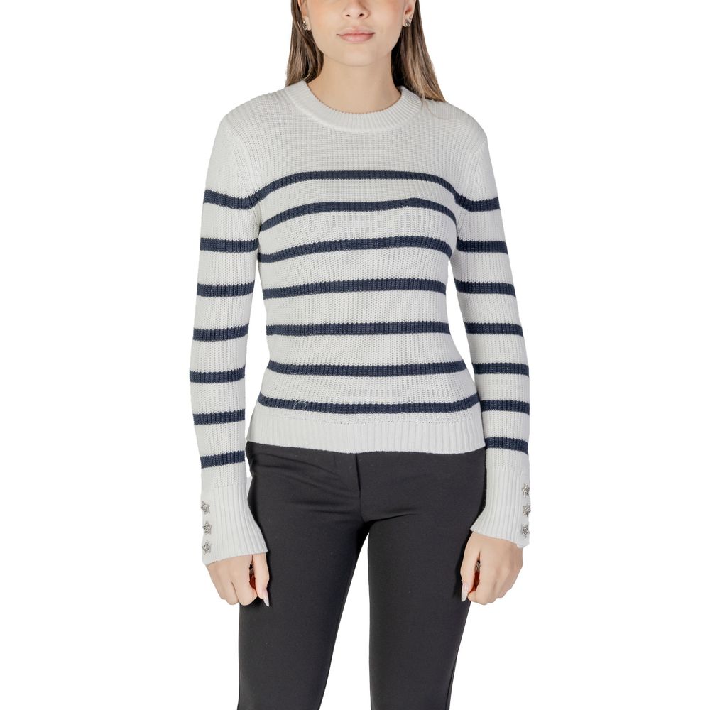 Morgan De Toi White Cotton Sweatshirt with stripes, worn by woman, showcasing modern and feminine knitwear design.