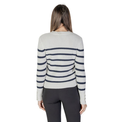 Back view of Morgan De Toi White Cotton Sweatshirt with horizontal stripes on women's knitwear sweater.