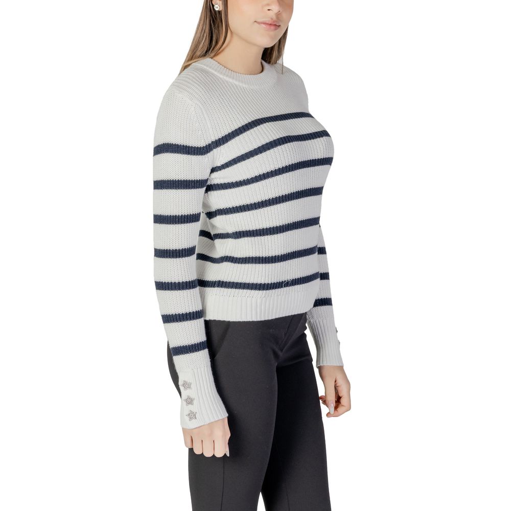Woman wearing Morgan De Toi White Cotton Sweatshirt with horizontal stripes, showcasing modern and feminine design, perfect for casual or chic looks.