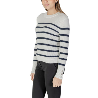 Morgan De Toi White Cotton Sweatshirt with horizontal stripes worn by a woman