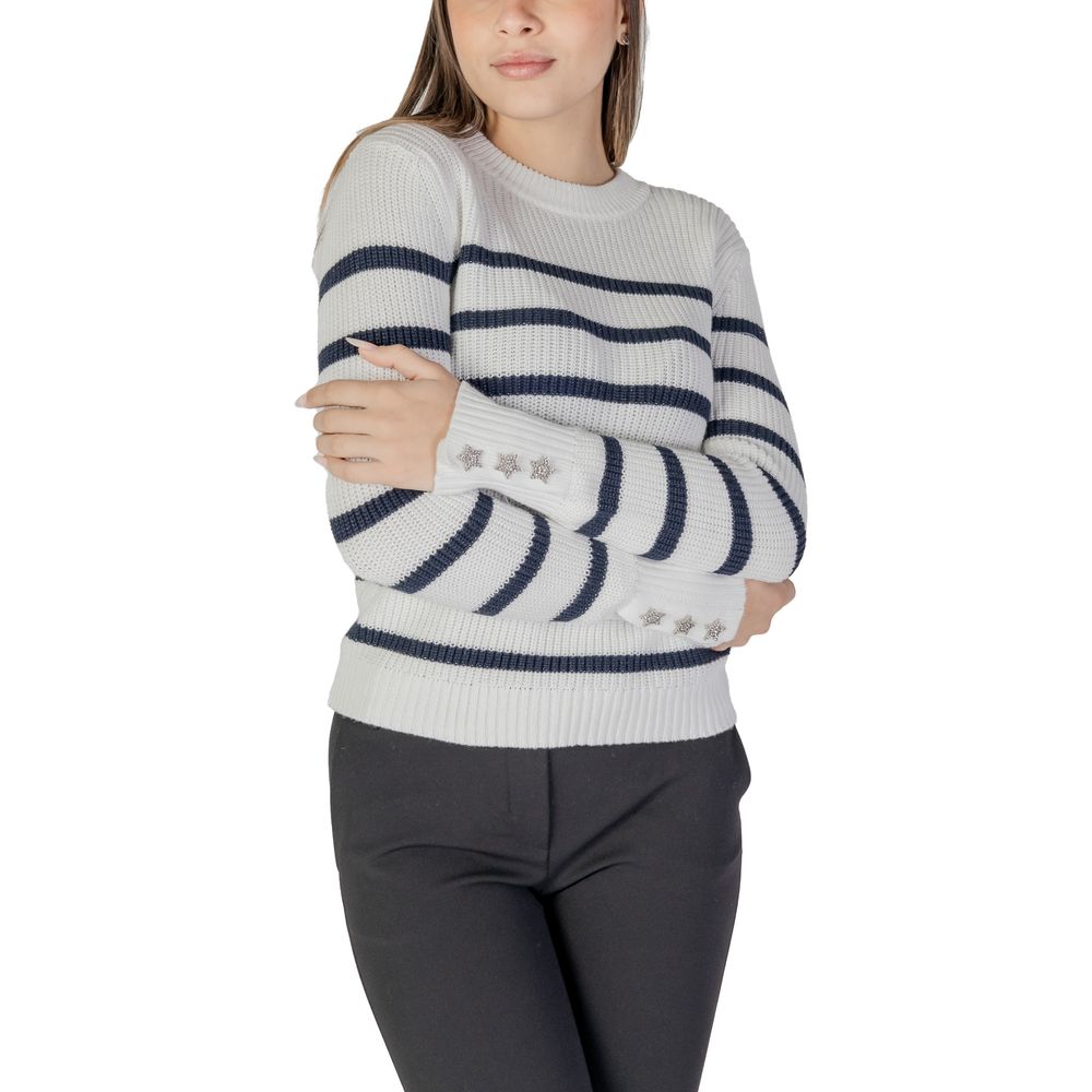 Woman wearing Morgan De Toi White Cotton Sweatshirt with horizontal stripes, stylish and comfortable knitwear.