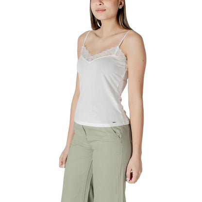 Morgan De Toi White Modal Tank Top with lace details, perfect for summer or layering, worn by model, showcasing elegant and soft design.