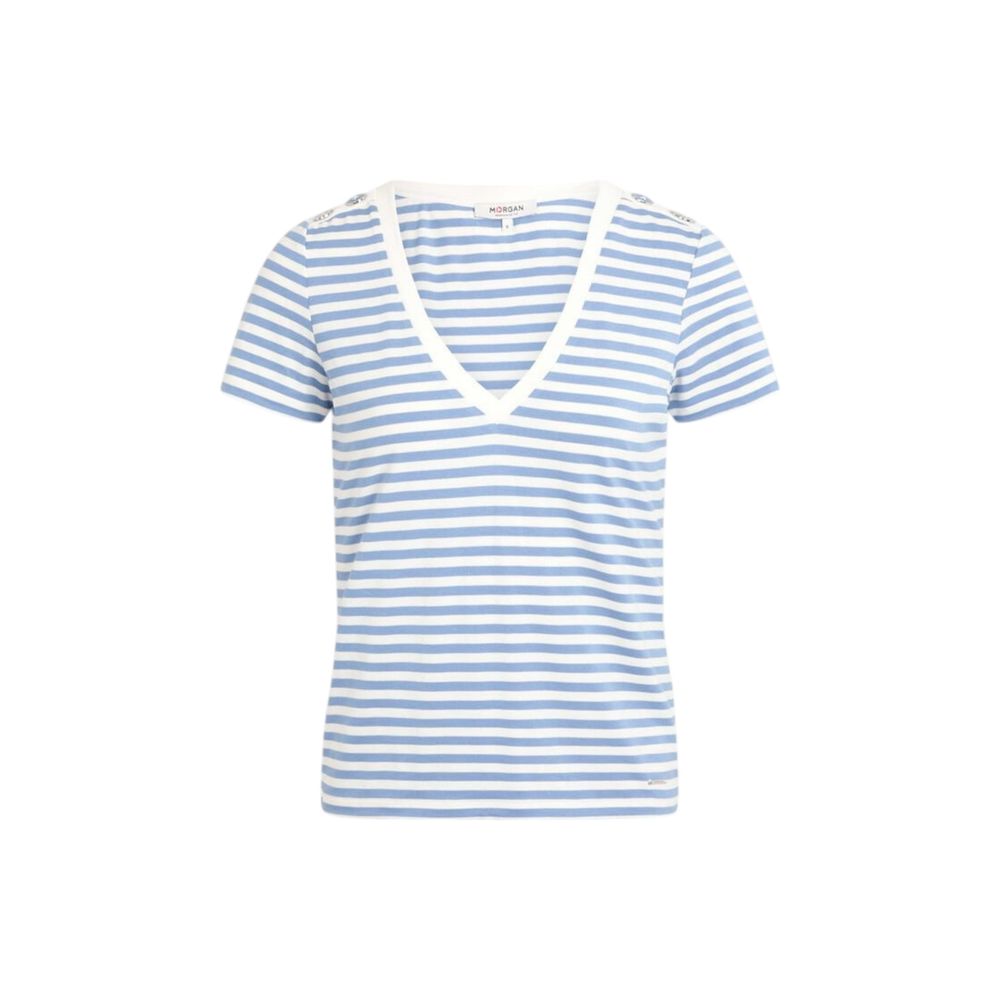 Morgan De Toi White Viscose T-Shirt with blue stripes and V-neckline, women's short-sleeve top for casual elegance.