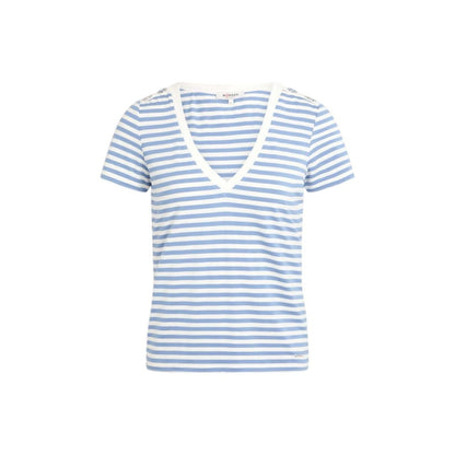 Morgan De Toi White Viscose T-Shirt with blue stripes and V-neckline, women's short-sleeve top for casual elegance.
