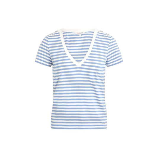Morgan De Toi White Viscose T-Shirt with blue stripes and V-neckline, women's short-sleeve top for casual elegance.