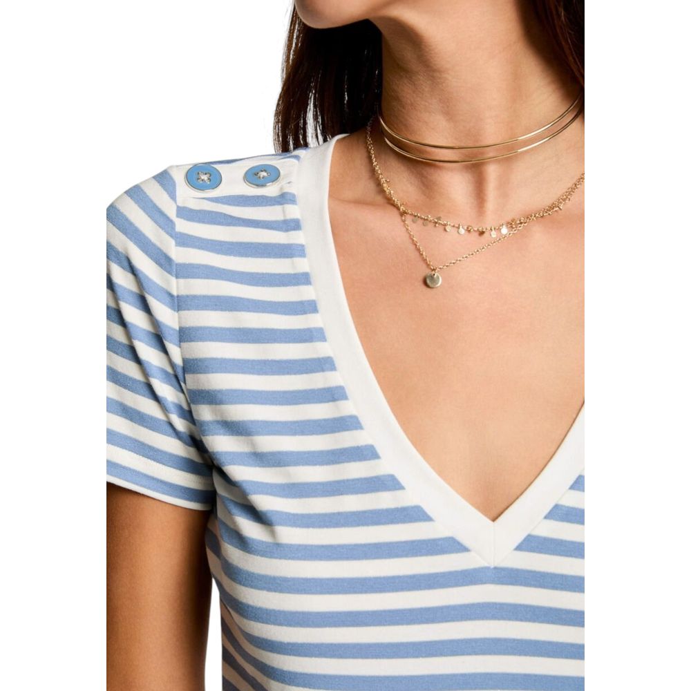 Morgan De Toi White Viscose T-Shirt with blue stripes and V-neck, short sleeve design with button detail.