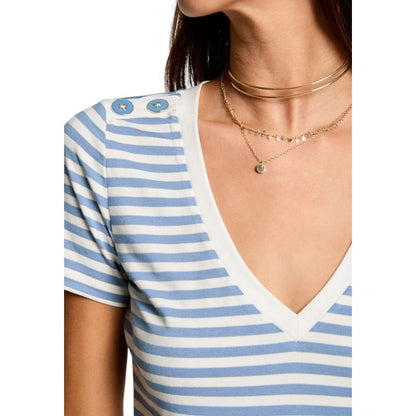 Morgan De Toi White Viscose T-Shirt with blue stripes and V-neck, short sleeve design with button detail.