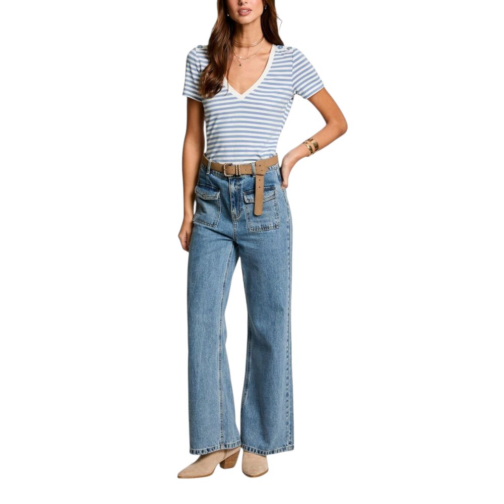 Woman wearing Morgan De Toi White Viscose T-Shirt with striped pattern and V-neckline, paired with jeans for a casual look.