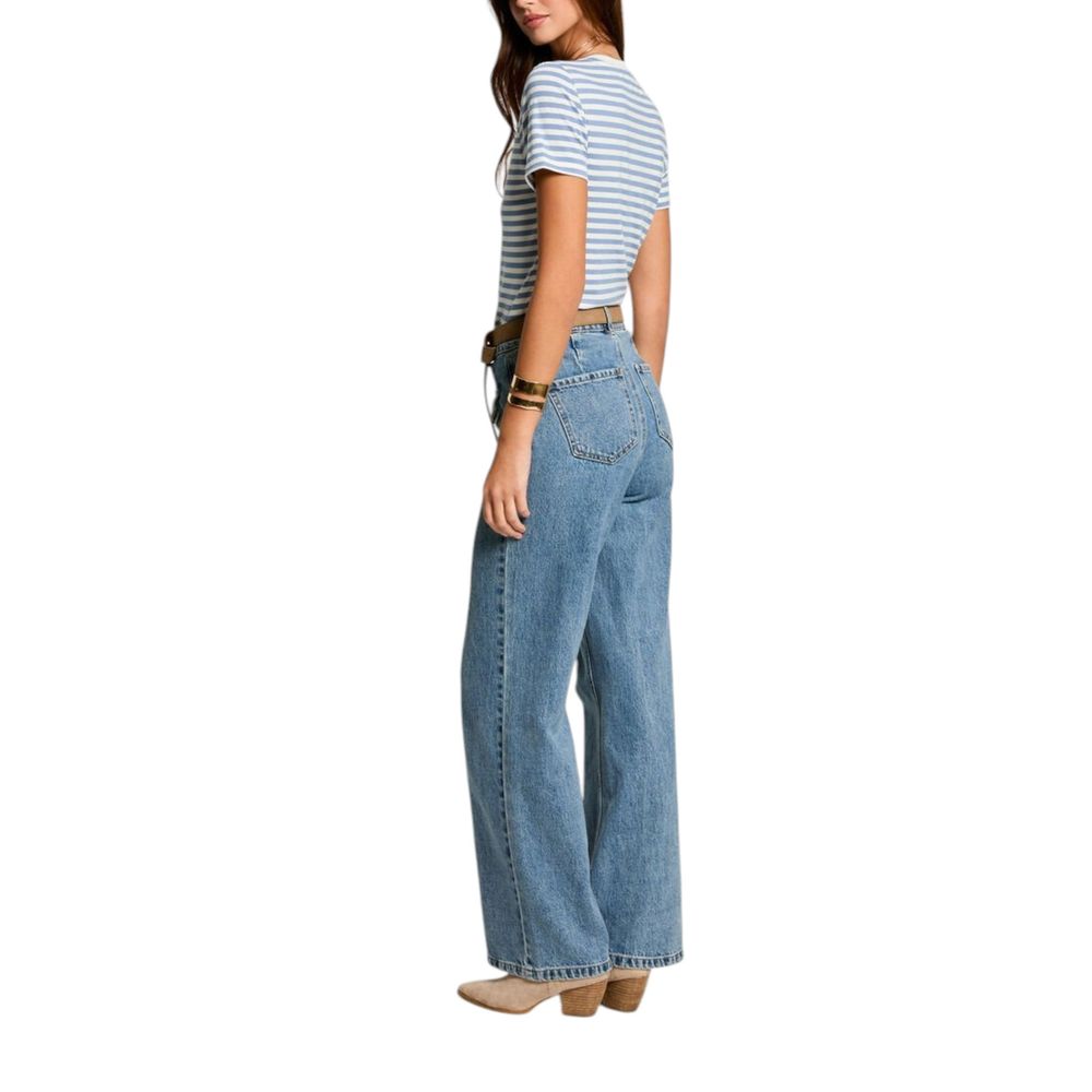 Woman wearing Morgan De Toi White Viscose T-Shirt with stripes and blue jeans, showcasing casual back view style.