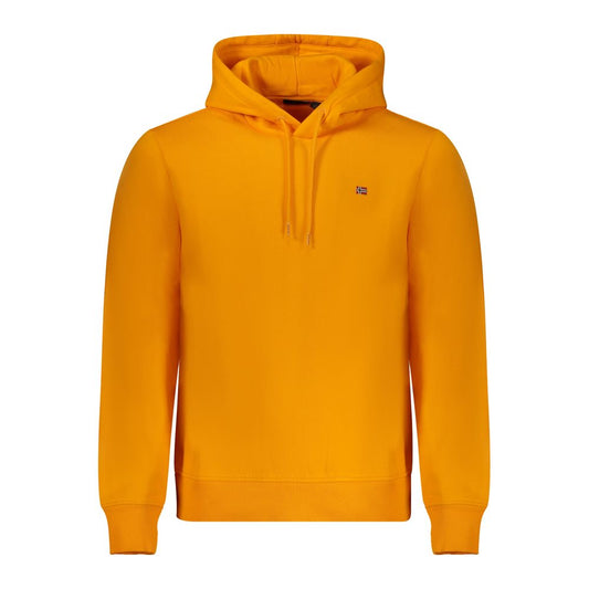 Napapijri Orange Cotton Men Sweater with hood, long sleeves, and logo embroidery, made from a durable cotton-polyester blend.