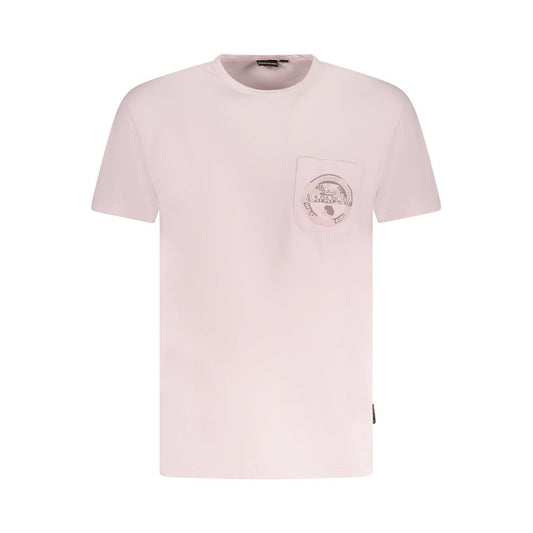 Napapijri Pink Cotton Men T-Shirt with logo print and pocket detail, crew neck, short sleeves