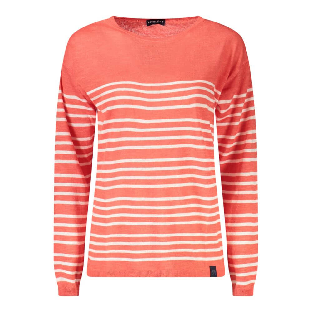 North Sails Red Cotton Sweater with striped long sleeves and wide neckline, featuring logo detail.