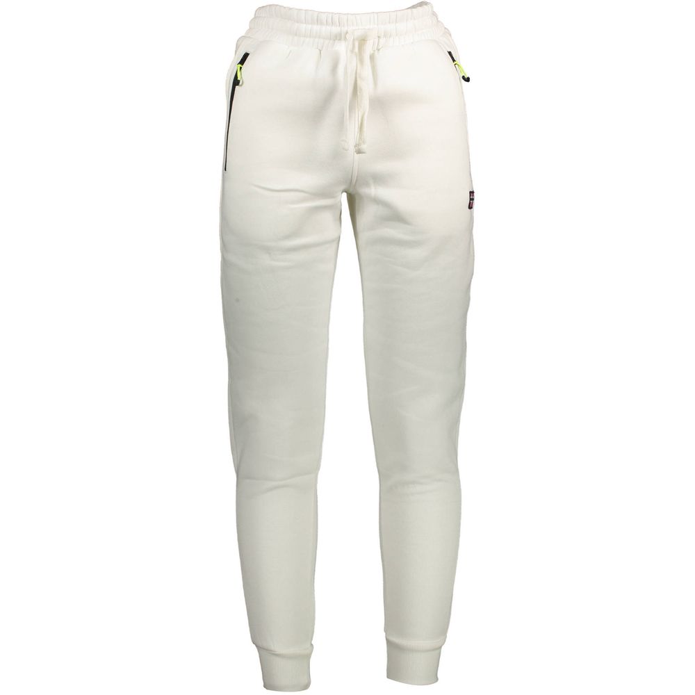 Norway 1963 White Cotton Pant with elastic waistband, ankle cuffs, zipped pockets, back pocket, embroidery, and contrasting details.