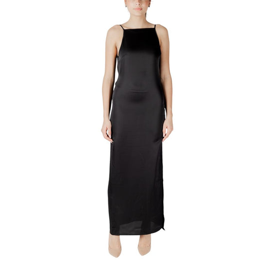 Only Black Recycled Polyester Long Dress with thin straps and deep back neckline, elegant and sustainable evening wear.