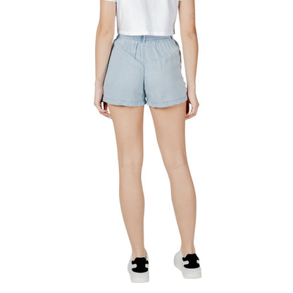 Back view of Only Light Blue Lyocell Shorts with high-waisted design and fabric belt for women.