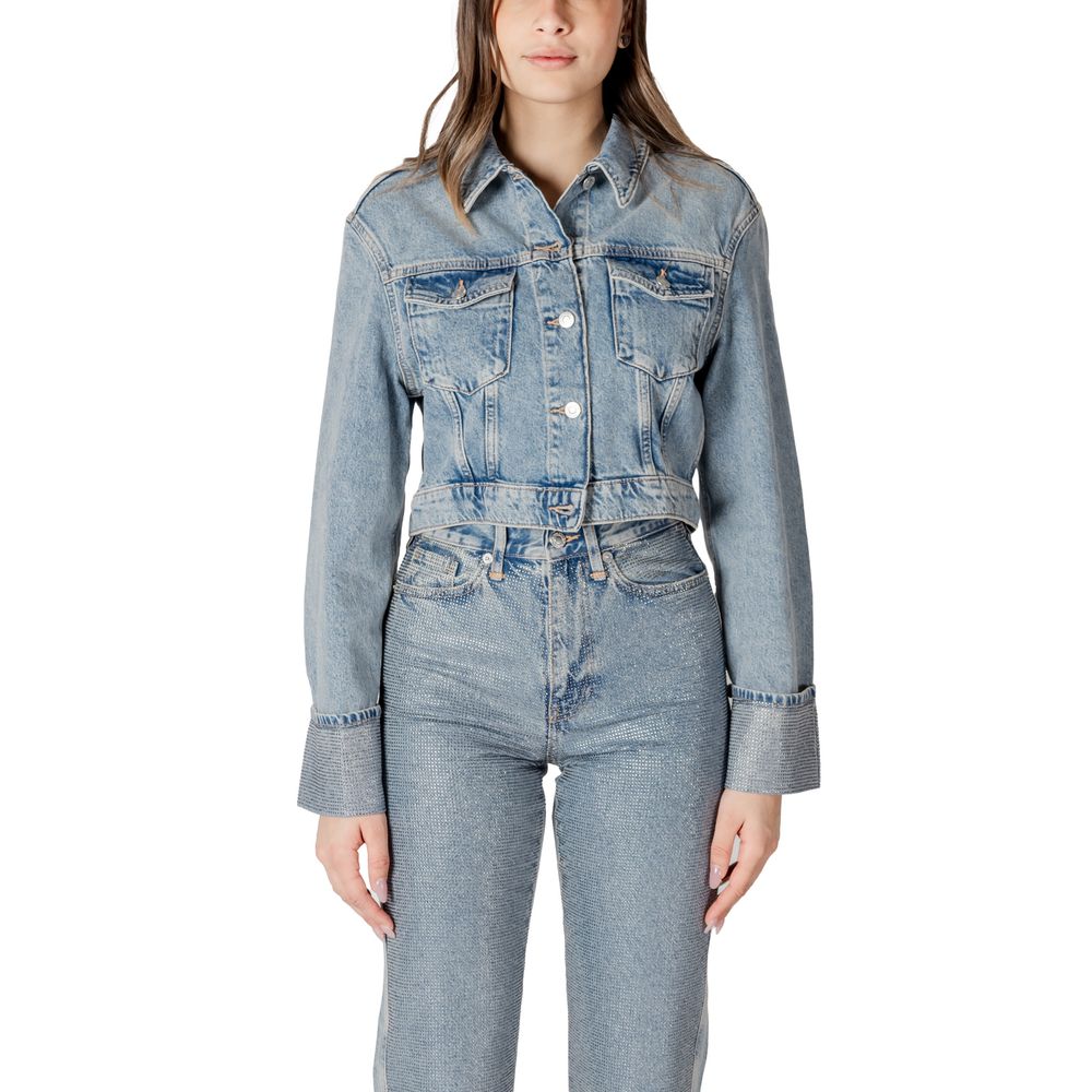 Only Light Blue Organic Cotton Jackets & Coat: sustainable cropped denim jacket with chest pockets