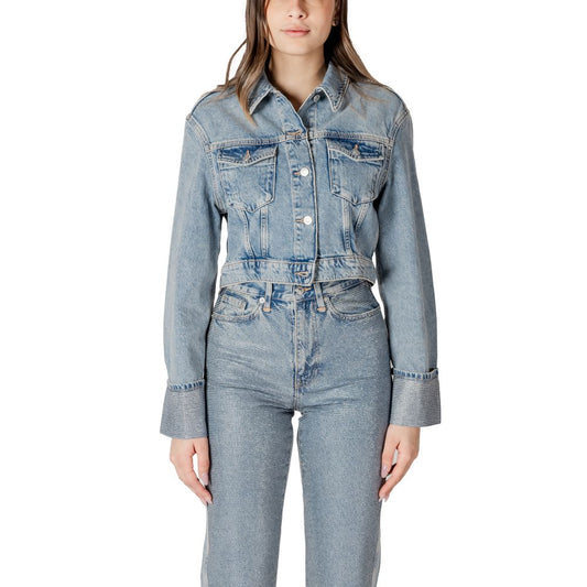 Only Light Blue Organic Cotton Jackets & Coat: sustainable cropped denim jacket with chest pockets