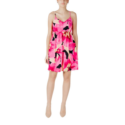 Only Pink Viscose Short Dress with vibrant floral pattern, featuring thin straps and V-neckline, perfect for summer and casual occasions.
