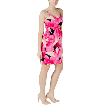 Only Pink Viscose Short Dress with floral pattern, thin straps, and V-neckline, perfect for casual summer occasions.