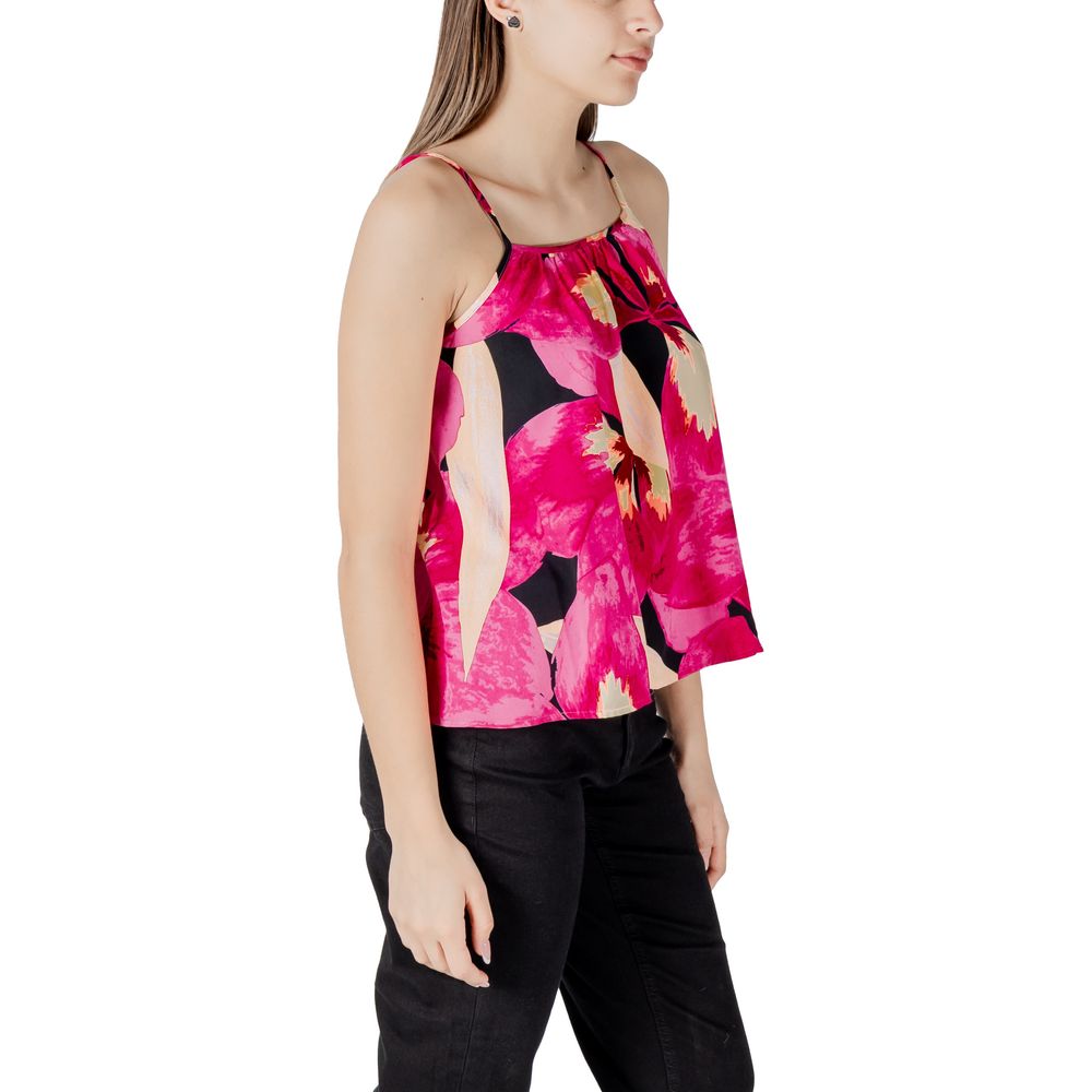 Woman wearing Only Pink Viscose Tank Top with floral pattern, side view