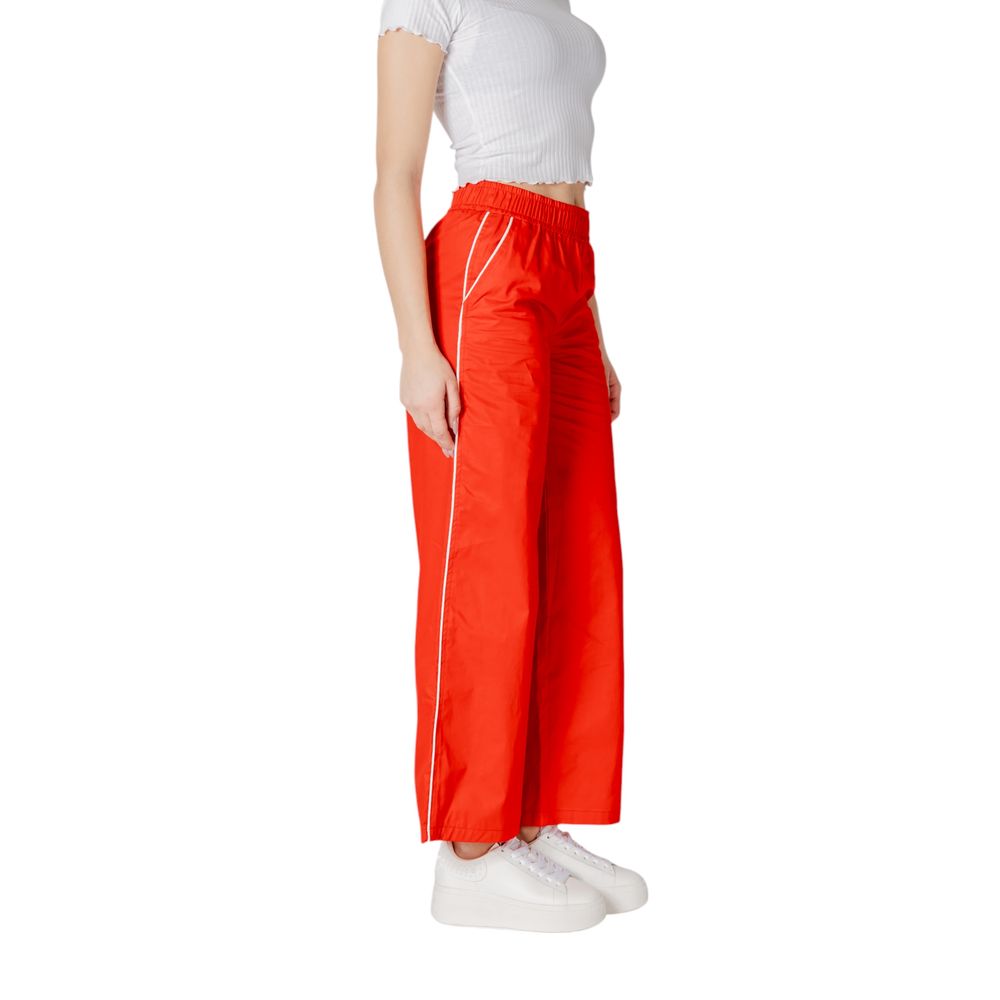Only Red Cotton Casual Pants with elastic waistband and piping detail for women, shown from side view, ideal for spring and summer wear