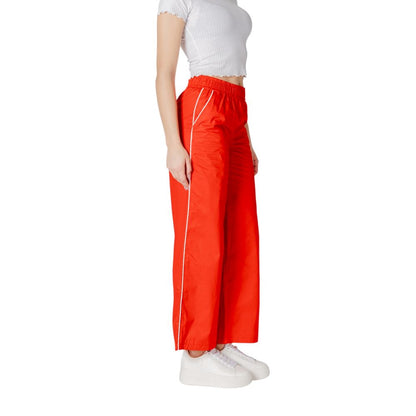 Only Red Cotton Casual Pants with elastic waistband and piping detail for women, shown from side view, ideal for spring and summer wear