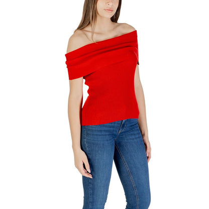 Only Red Polyester T-Shirt - woman's off-shoulder short sleeve top in vibrant red, stylish and sustainable with 50% recycled cotton blend