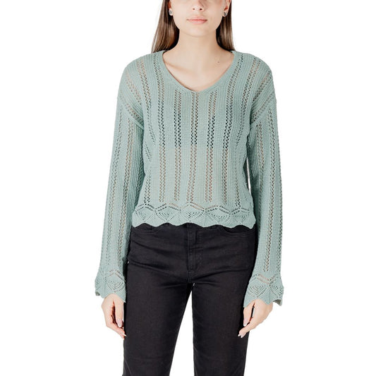 Woman wearing Only Turquoise Recycled Cotton Sweatshirt with V-neck and open-knit design.