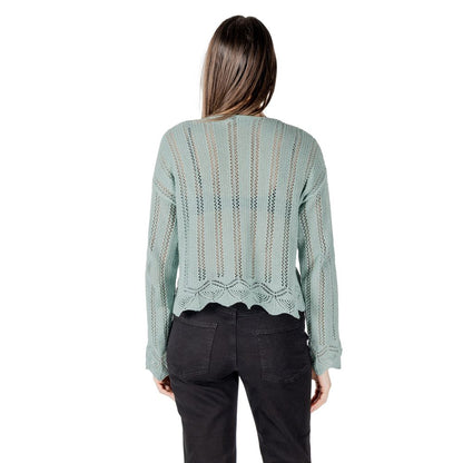 Back view of Only Turquoise Recycled Cotton Sweatshirt with open-knit design and V-neck.