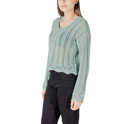 Woman wearing Only Turquoise Recycled Cotton Sweatshirt with V-neck and long sleeves, featuring open-knit design for spring and autumn.