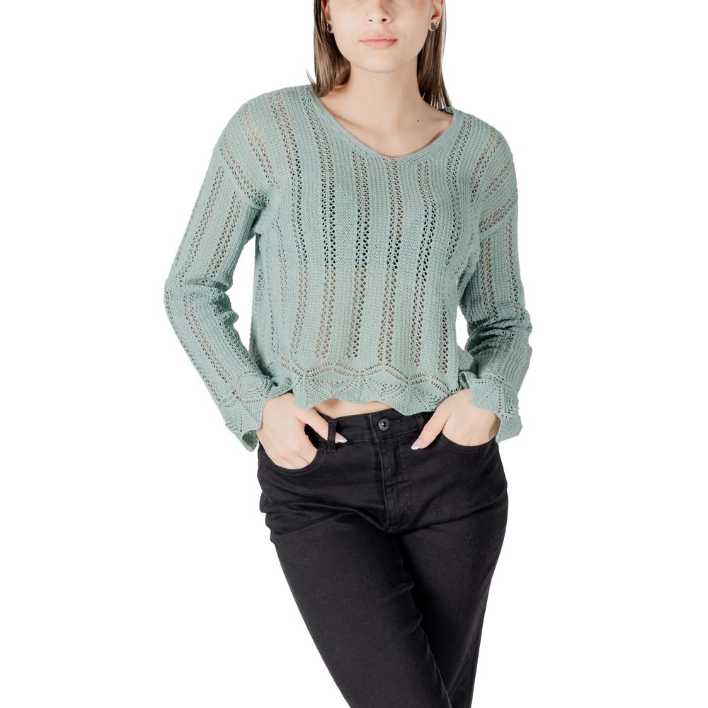 Woman wearing Only Turquoise Recycled Cotton Sweatshirt with V-neck design, long sleeves, and open-knit pattern for casual look.