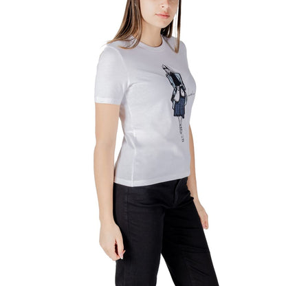Model wearing Only White Organic Cotton Long Sleeve T-Shirt with graphic print front.