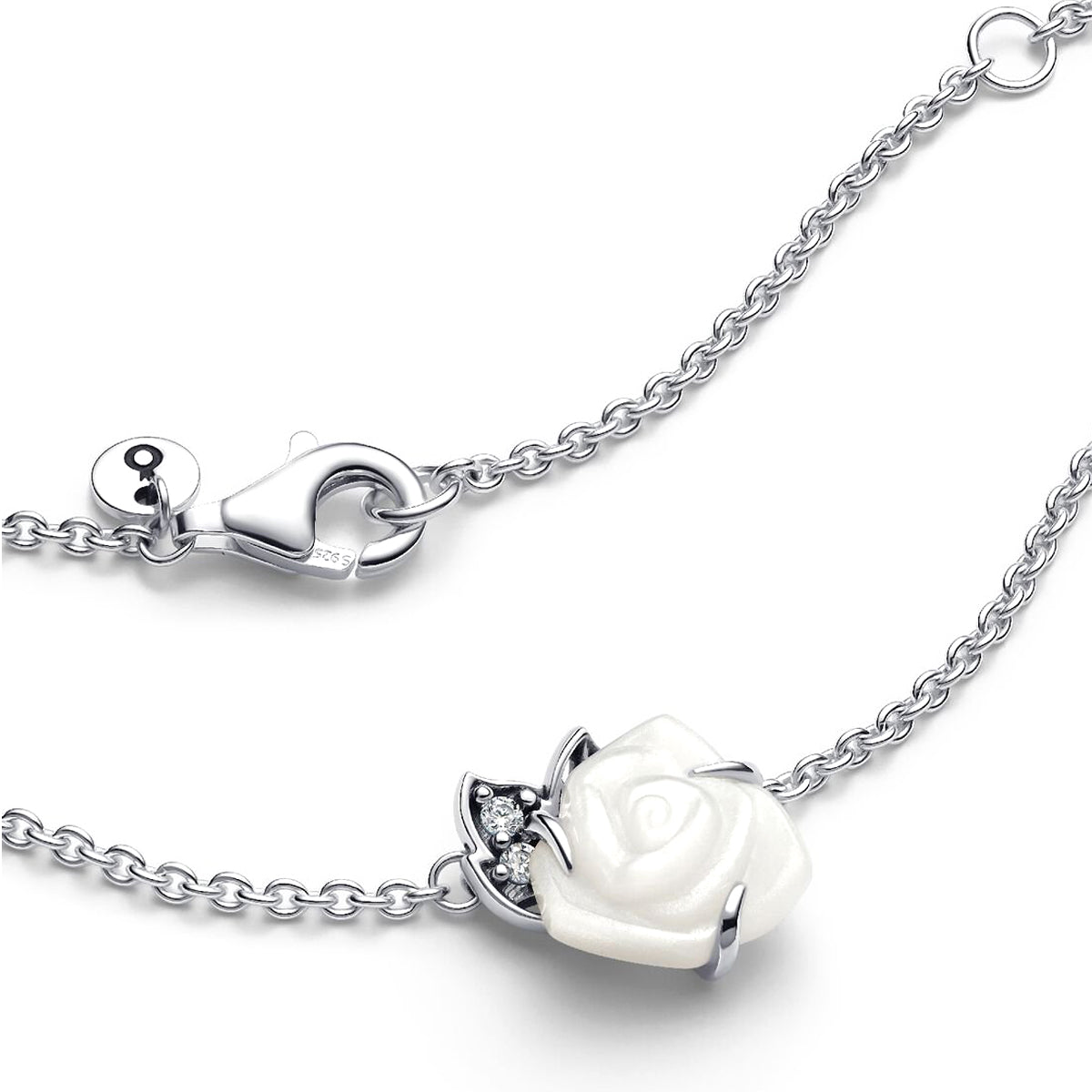 Close-up of PANDORA JEWELRY Mod. 393206C01-45 silver necklace with white rose charm.