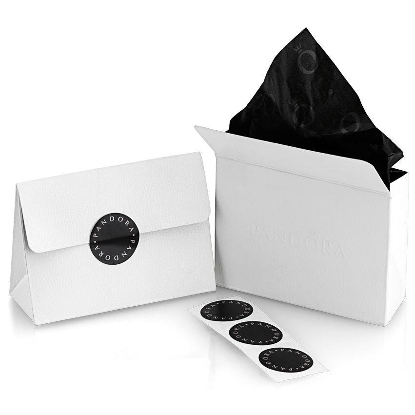 Elegant packaging for PANDORA JEWELRY Mod. 393206C01-45 displayed with branded black stickers and white gift boxes.