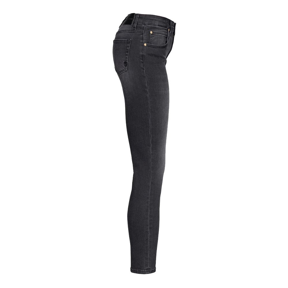 Side view of PINKO Black Cotton Women Jeans with Love Birds embroidery, showcasing snug skinny-fit and stylish design.