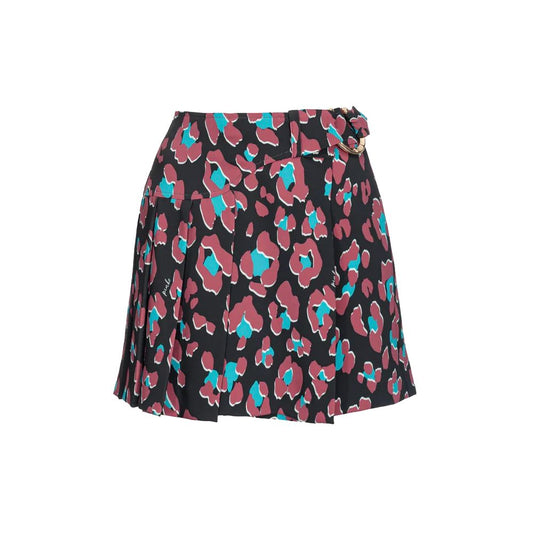 PINKO Black Polyester Skirt with abstract print, pleated cady miniskirt featuring side button closure and Love Birds buckle.
