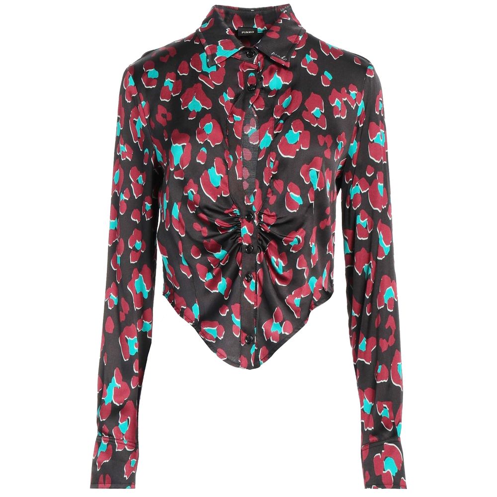 PINKO Black Viscose Shirt with abstract print, button fastening, central slit, and classic collar, ideal for stylish occasions.