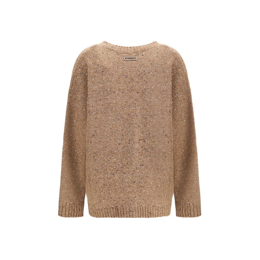 Back view of PINKO Bouclé fabric Cardigan with rhinestones, showcasing ribbed hem and tone-on-tone label.