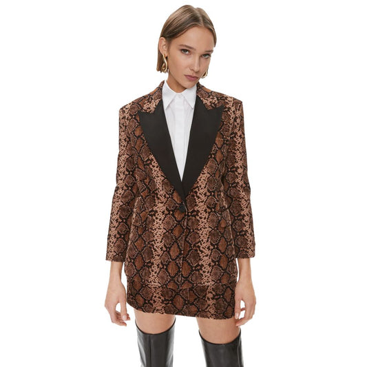 Model wearing PINKO Brown Cotton Women Blazer with python print, peak lapels, single-button closure, and front pockets.