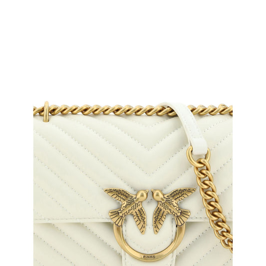 Close-up of PINKO Elegant White Mini Love Shoulder Bag with quilted design and gold-plated Love Birds logo.