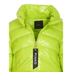 PINKO Green Polyamide Jackets & Coat, shiny padded down jacket with pea coat silhouette, zip closure, visible rubber logo on shoulder.