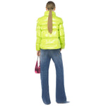 Back view of model wearing PINKO Green Polyamide Jackets & Coat, shiny crystal nylon fabric, with a pink handbag and blue jeans.