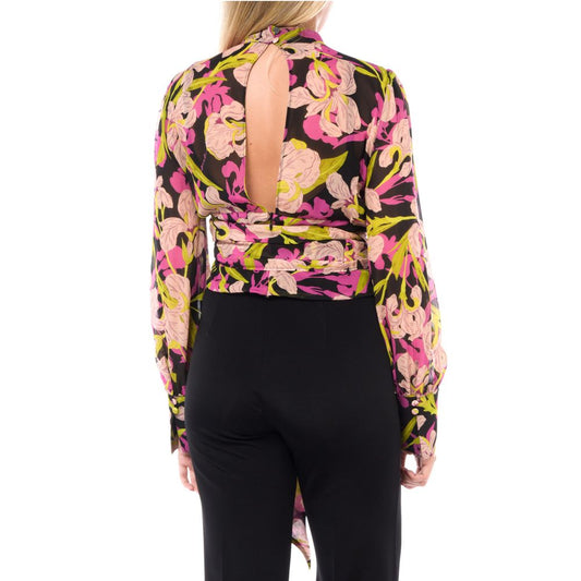 PINKO Multicolor Calfskin Women Sweater with floral design and elegant slits, back view, showcasing quality tailoring and vibrant style.