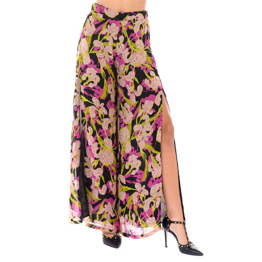 Model wearing PINKO Multicolor Viscose Women Trouser with floral print, side slits, and high heels.