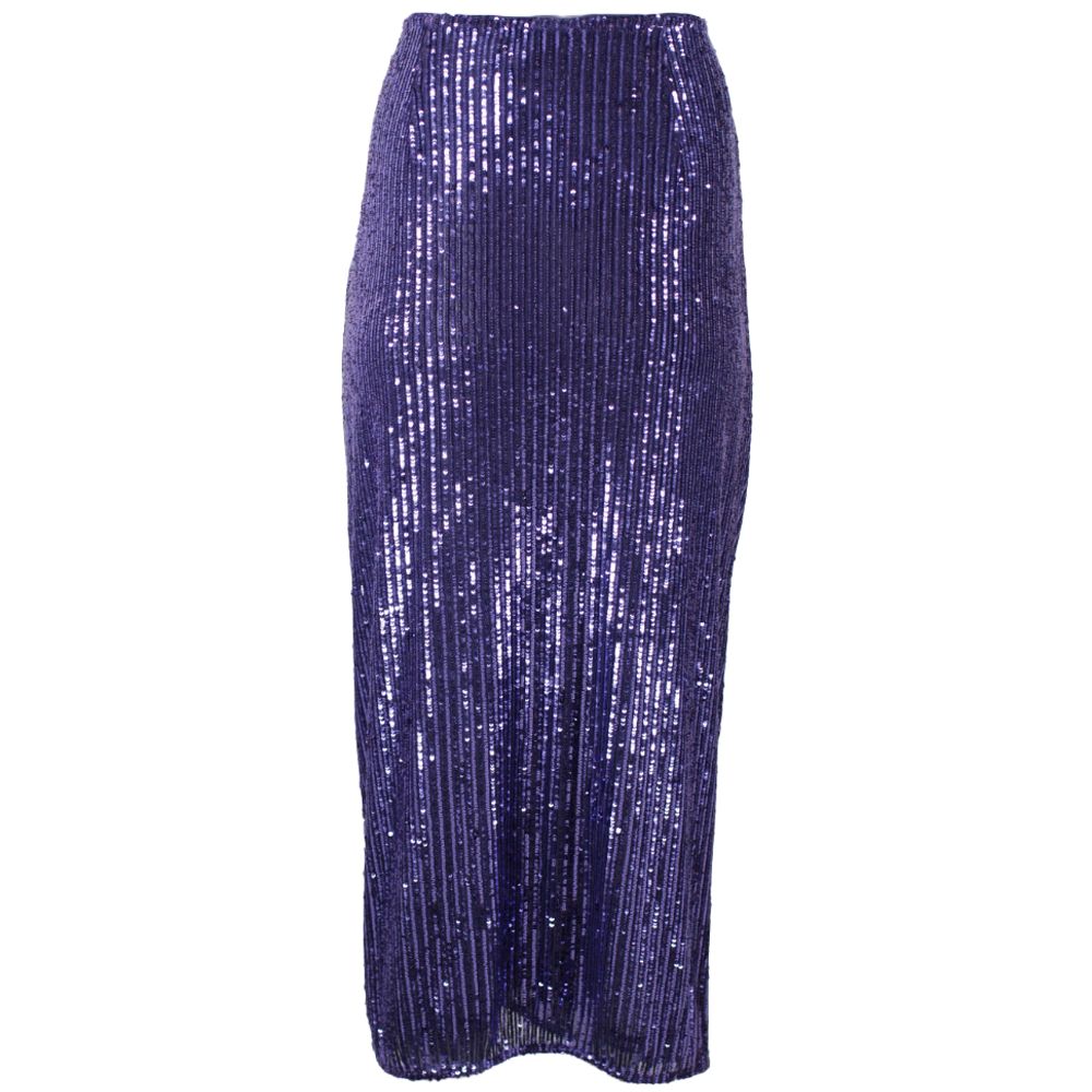 PINKO Purple Polyester Skirt with sequin appliqué, front bow, and side zip closure, showcasing elegant design and stretch fabric.